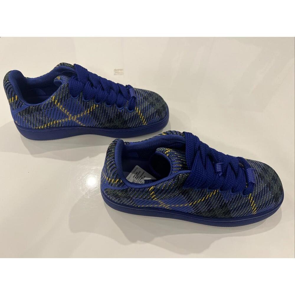 NIB BURBERRY BOX NAVY BLUE CHECK CANVAS LOGO PLATFORM SNEAKERS 11 US 44 ITALY - Picture 12 of 16